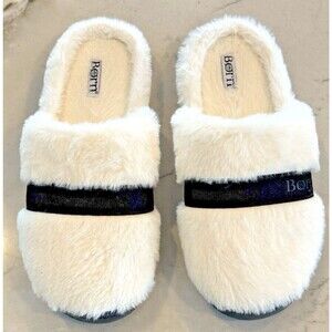 BORN Faux Fur Slippers Slides Scuffs White Fur w/ Black Hard Sole Slip On Sz 7-8